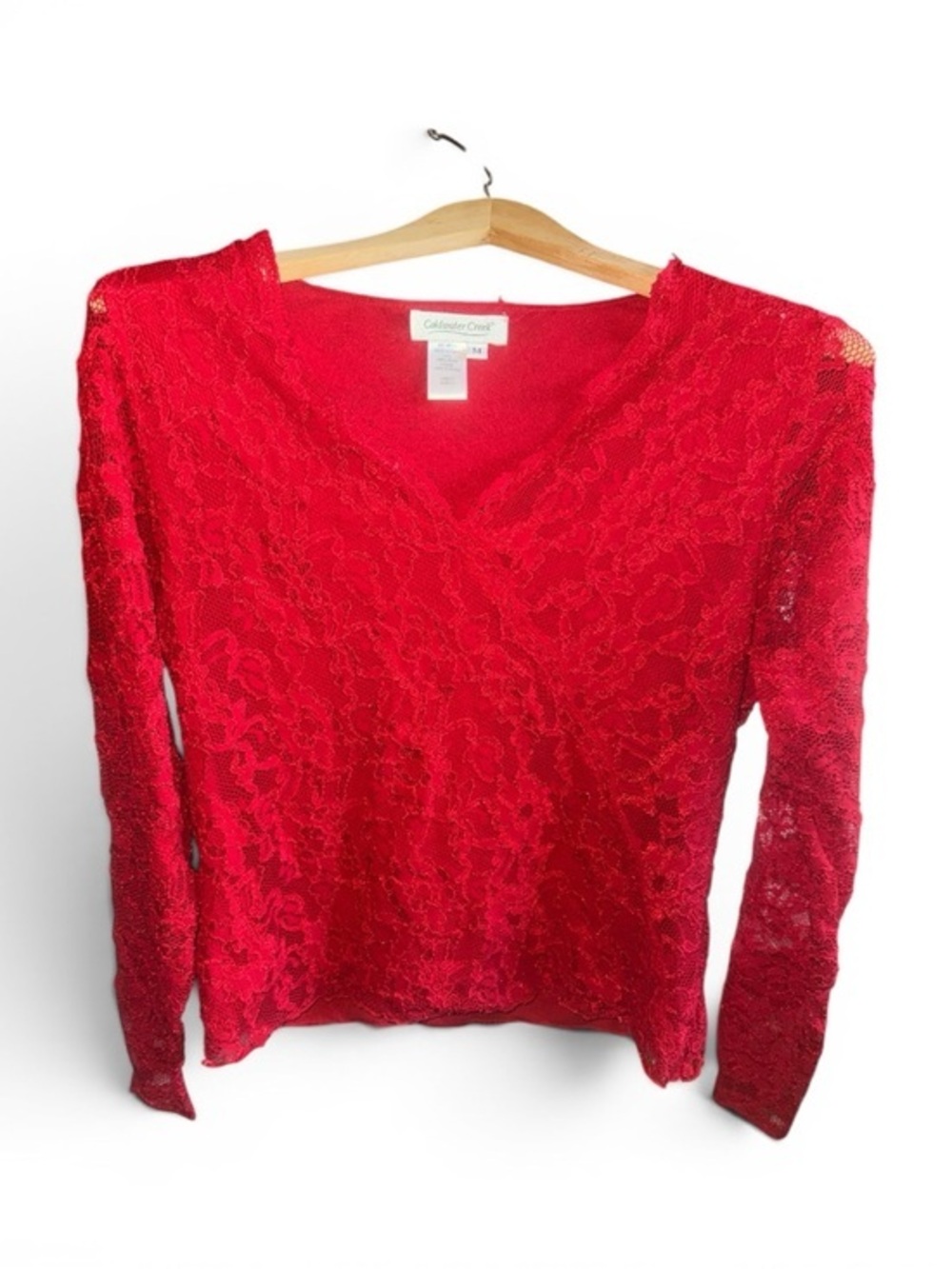 Coldwater Creek Red Lace V-Neck Long Sleeve Top Sheer Floral Overlay Size Medium